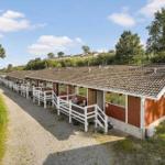 Row of wooden houses with white porches and tiled roofs along a grass strip.