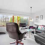Living room with sofa, chair, and wood-burning stove. Large windows and table.
