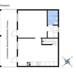 Floor plan with kitchen, bathroom, and covered terrace.