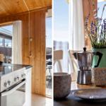 Kitchen with wooden walls and dining area with lavender and coffee maker.