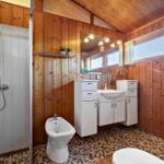 Bathroom with shower, sink and toilet. Wooden walls and mosaic floor.