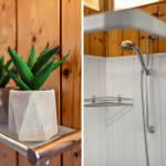 Bath with shower and plants on the shelf