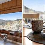 Kitchen with dune view. Table with cup and plate.