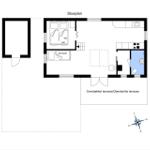 Funktionaler Grundriss mit Schlafzimmer, Küche und überdachter Terrasse.