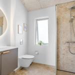 Badezimmer mit Dusche, Waschbecken und Toilette. Fenster mit Pflanze.
