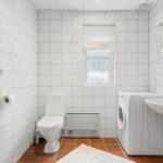 Bathroom with toilet, washing machine, and sink.