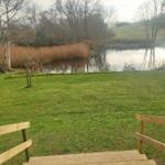Holzterrasse mit Blick auf einen Teich und Grünfläche