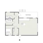 Wohnung mit Küche, Bad, Schlafzimmer und Terrasse.
