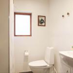 Badezimmer mit Toilette, Waschbecken und Dusche. Fenster und Spiegel sichtbar.