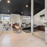 Wohnraum mit Sofa, Stuhl und Pflanze unter schwarzem Deckenbelag.