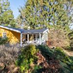 Gelbes Holzhaus mit Terrasse und Garten im Wald