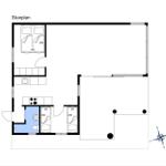 Stueplan zeigt Schlafzimmer, Küche und Bad mit Maßen.