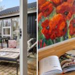 Terrasse mit Liege und Tisch. Innen: Wandbild mit Mohnblumen und offenes Kochbuch.
