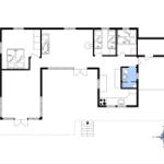 Wohnung mit vier Schlafzimmern, Küche und Bad. Flur mit Treppe.