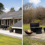 Haus mit Terrasse und Gartenbereich mit Feuerkorb und Sitzgelegenheiten.