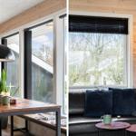 Essbereich mit Holztisch und Fenster. Wohnbereich mit Sofa und Fenster.