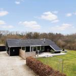 Schwarzes Haus mit Terrasse und Garten. Hintergrund Wald. Himmel blau mit Wolken.