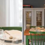 Esstisch mit grünen Stühlen und gedecktem Tisch