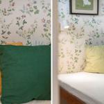 Schlafzimmer mit floraler Tapete, Kissen und Wandlampe.