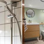 Bad mit Dusche und Waschbecken mit Spiegel