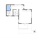 Wohnung mit zwei Schlafzimmern, Küche und Bad. Raumübersicht mit Kompass.