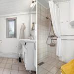 Badezimmer mit Dusche, WC und Waschbecken. Gelbe Handtücher und Fenster sichtbar.