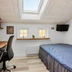 Bedroom with bed, desk, TV, and skylight.