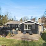 Black house with wooden terrace and garden. Outdoor seating and grill area.