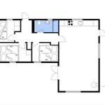 Apartment with two bedrooms, kitchen, and bathroom. Hallway with doors to all rooms.