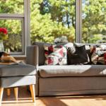 Ein grauer Sofa mit Kissen und einem Beistelltisch vor großen Fenstern.