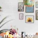 Esszimmer mit Tisch, Obst und Wandbildern