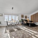 Wohn- und Essbereich mit Tisch, Stühlen, Sofa und Holzwand.