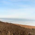 Strand mit sandigem Ufer und trockenem Gras im Vordergrund unter blauem Himmel.