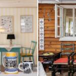 Ein Raum mit Tisch, Stühlen und Wandbildern. Außen: Holzwand, Fenster und zwei Stühle mit roten Sitzkissen.