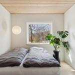 Schlafzimmer mit Bett, Pflanze und Fenster. Holzdecke und helle Wände.