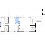 Floor plan with bedrooms, kitchen, bathroom, and sauna.