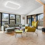 Living room with sofa, armchair, and wood stove. Parquet floor and large windows.