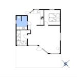 Apartment with kitchen, bathroom, and two bedrooms. Hall leads to all rooms.