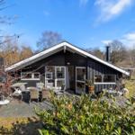A dark wooden house with a terrace, grill, and outdoor seating.