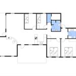 This apartment has three bedrooms, two bathrooms, and a kitchen.