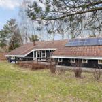 Black wooden house with solar panels on roof, surrounded by grass and trees.