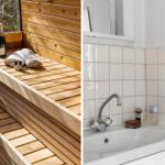 Sauna with wooden bench and bottle. Bathroom with white tiled wall and sink.