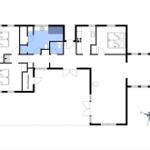 Apartment with three bedrooms, kitchen, and bathroom. Hall with storage area.