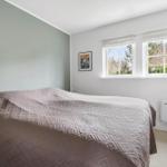 Bedroom with bed, windows, and wall picture.
