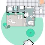 This apartment has a kitchen, a bathroom, two bedrooms, and a garden with seating areas.