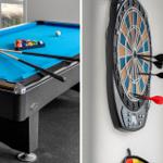 Billardtisch mit Bällen und Stöcken. Dartboard mit eingeklebten Dartpfeilen.