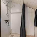 Dusche mit Duschbrause, schwarzer Vorhang und Fenster mit Milchglas.