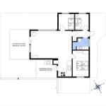 Apartment with two bedrooms, kitchen, and covered terrace.