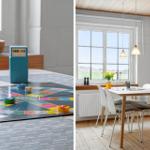 Tisch mit Brettspiel und Fensterblick. Essbereich mit Tisch, Stühlen und Fenster.