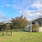 House with garden, soccer goal, and tree under blue sky.